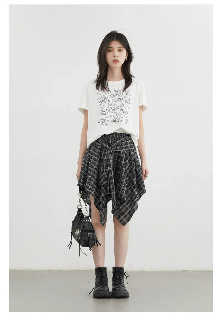Women Skirts A Line Elastic Waist Strap Ties Irregular Plaid Half Length Skirt Female Short Skirt Woman Summer 2025