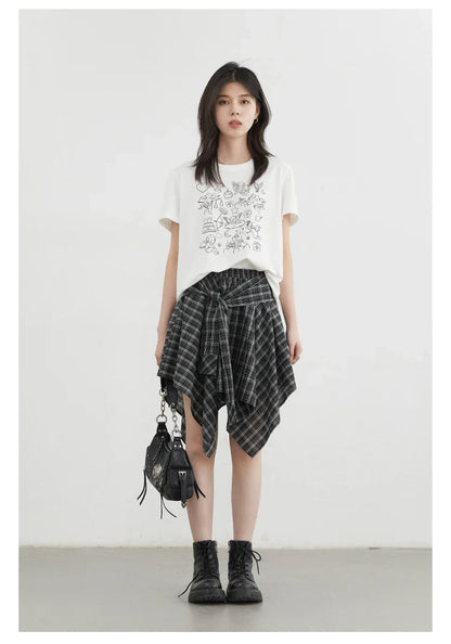 Women Skirts A Line Elastic Waist Strap Ties Irregular Plaid Half Length Skirt Female Short Skirt Woman Summer 2025