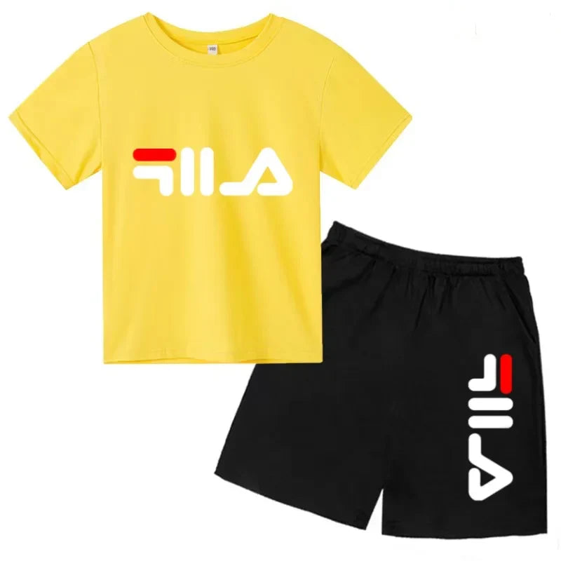 Kids Gift Sports Short-Sleeved Round Neck Black Letters Fashion White T-shirt+Shorts Summer Boy Girl Casual Outdoor Jogging Suit