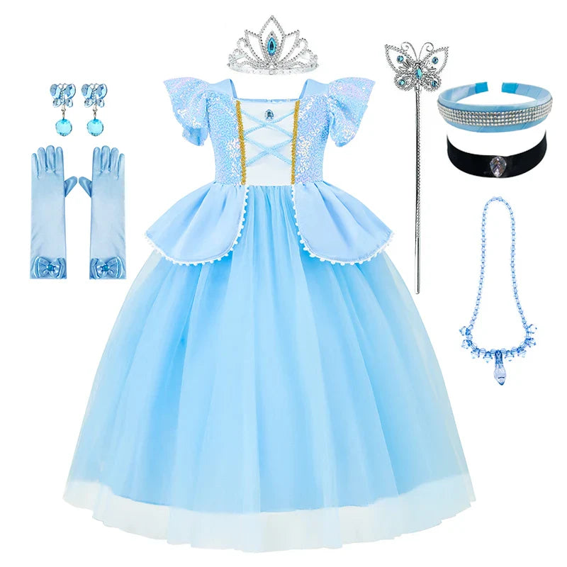 Girls Cosplay Cinderella Costume Deluxe Lace Dress Birthday Party Princess Fairy Tale Grace Ball Gown Butterfly Clothes