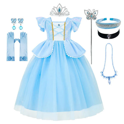 Girls Cosplay Cinderella Costume Deluxe Lace Dress Birthday Party Princess Fairy Tale Grace Ball Gown Butterfly Clothes