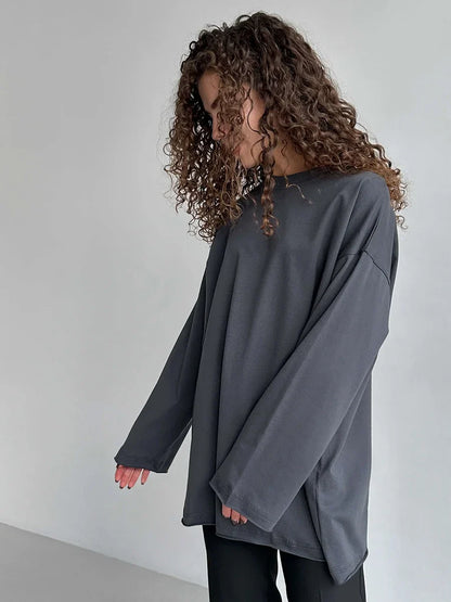 Women Summer 100% Cotton T-shirt Bottoming Spring Basic Fashionable Solid Lady Long Sleeve Loose Tops Shirts