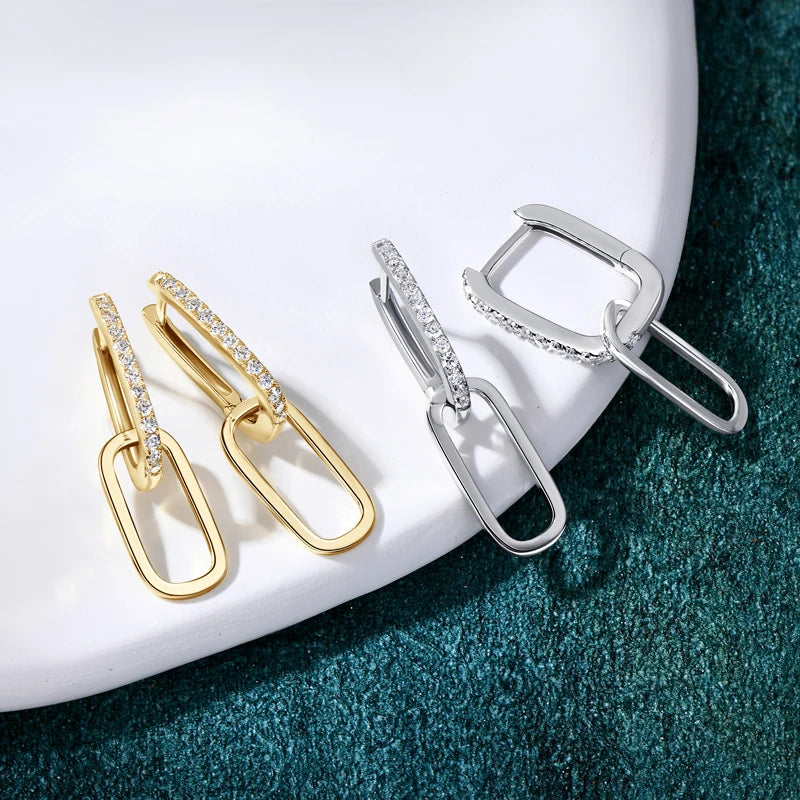Moissanite Paperclip Link Earrings for Women Silver 925 Real 1.4mm D Color Diamond Huggie Hoop Earrings 2023 Trend Jewelry