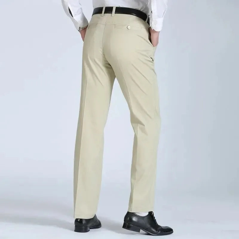 Summer Thin Autumn Thick Men's 100% Cotton Straight Suit Pants Loose Trousers Business Solid Khaki Casual Brand Clothes GOZBKF