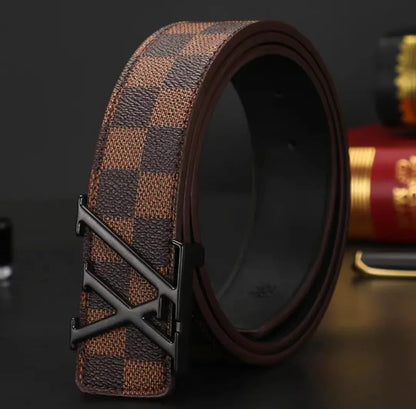 Light Luxury Premium Mens Leather Belt Check Pattern Genuine Pure Cowhide Casual Business Trendy Waist Belt