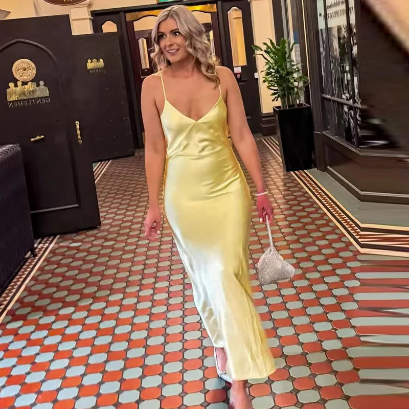 Womens Yellow Slip Dress Summer 2025 Woman Satin V-Neck Party Dresses Elegant Evening Sleeveless Backless Long Vestidos 066