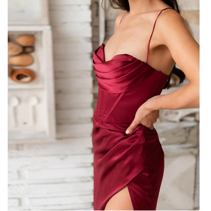 New Summer Prom Dress Women'S Sling Sleeveless Solid Color Dress One Word Neck Slim Fit Open Back Slit Red Sexy Dress