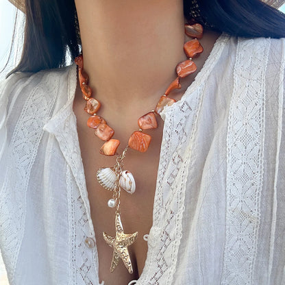 Retro Starfish White Shell Conch Pendant Necklace  Women 2024 Simple Creative Colorful Stones  Hand Woven beach Jewelry Girls