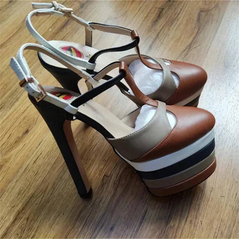 2026 Women's Round Head Sandals Thin Heels 5cm Thick Bottom Slope Heel Fish Mouth Rivet Sandal T-Platform Sandals Size34-43