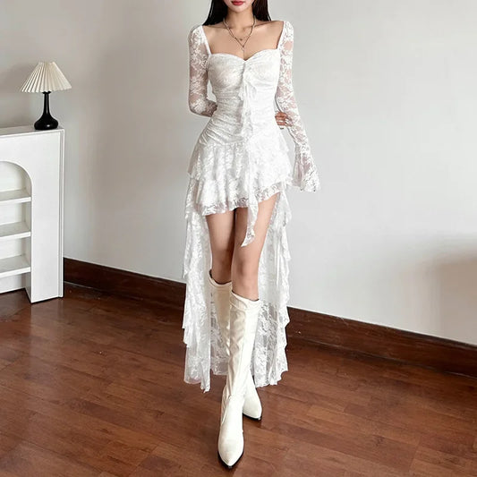Lace Flare Sleeve Square Neck A-line Dress Sweet E-girl Irregular Long Hem Dresses Cyber Y2K Party Vestido