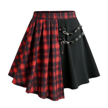 Plus Size Plaid Patchwork Grommets PU Leather Stripes Asymmetrical Skirt Female Casual Large Size Women Y2K Skirts