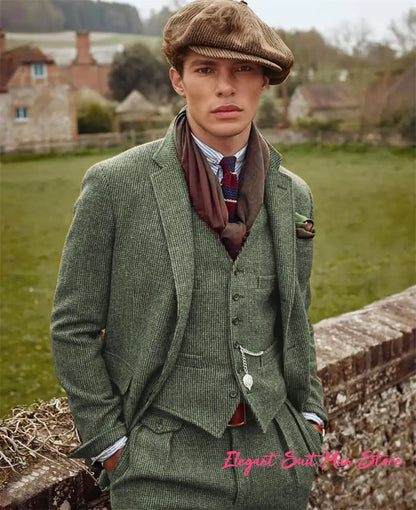 European Retro Wool Blend Men’s 3PC Suit Set Business (Jacket+Pants+Vest)Wedding Part Prom Dinner Wrok Travel Dinner Banquet