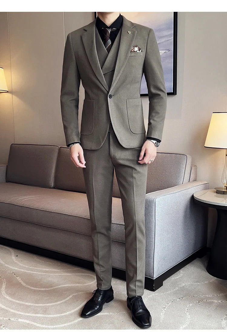 2025 Autumn Winter New Thickened Warm Woolen Blazer Set for Men Korean Version Slim Fit Groom Best Man Wedding Suit Formal Wear
