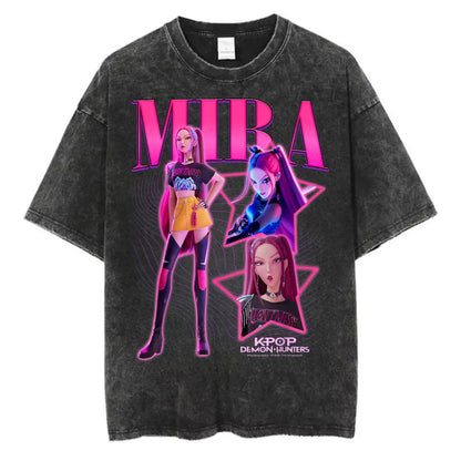 Washed Kpop Anime Demon Hunter Huntrix Girls T Shirt Kawaii Cute Fashion Unisex T-shirts Oversized Cotton Casual Vintage T-Shirt