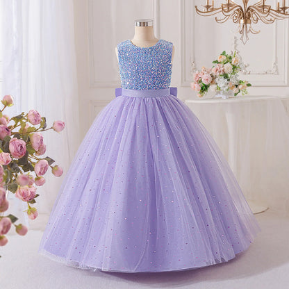 Vestidos de Festa de Daminha de Verão com Lantejoulas para Meninas Elegante Laço Vestido de Aniversário de Casamento para Meninas Baile de Formatura Gala Concurso Noite Roupa Infantil