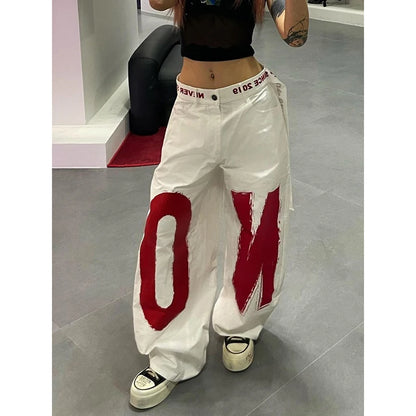 Women White Letter Print Y2k Baggy Jeans 2000s Style Denim Trouser Harajuku Vintage Oversize Hip Hop Jeans Pants Autumn