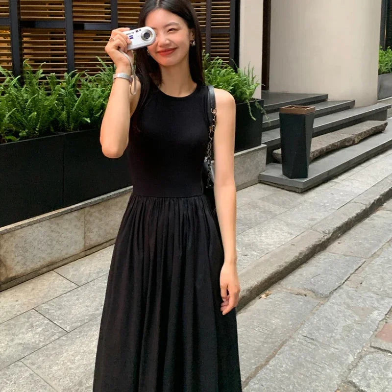New Vintage Black Tank Top Midi Dress Wedding Dresses for Women Clothing O Neck Office Lady Casual Pockets Women's Clothing