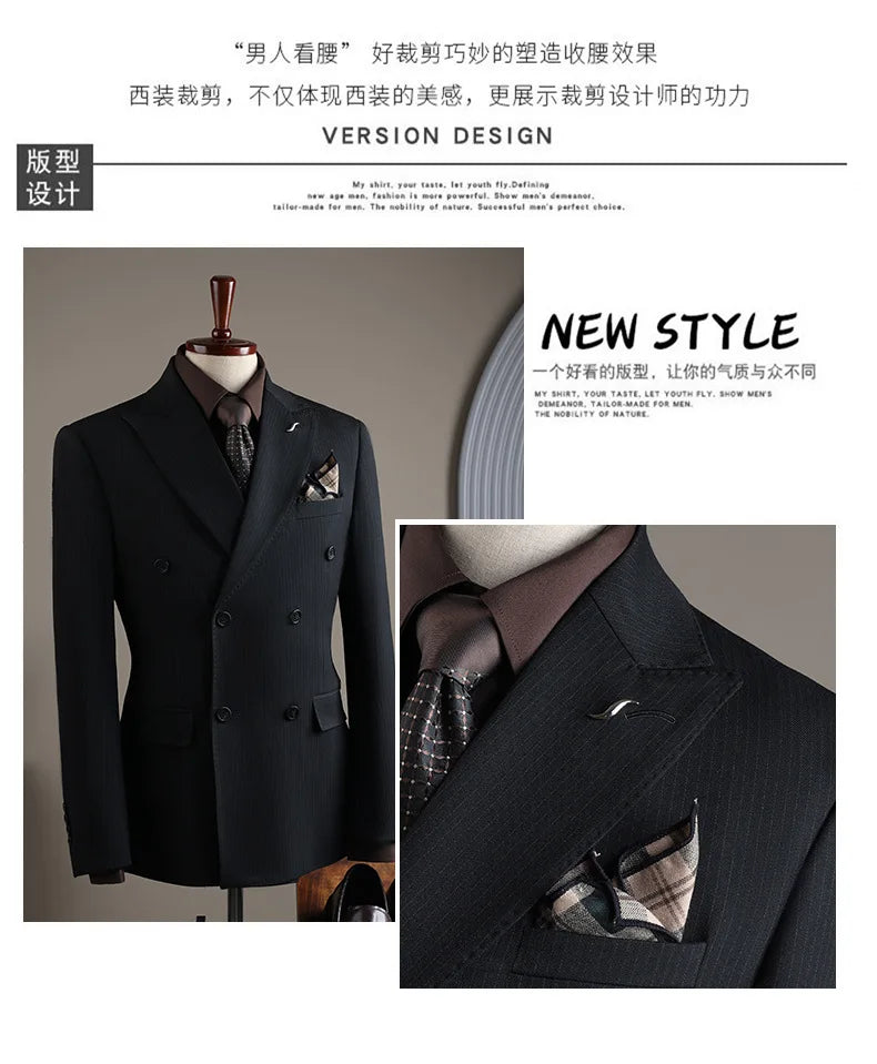 Terno Masculino de Alta Qualidade Formal Social Slim Fit Abotoamento Duplo Listrado Conjunto de Terno Noivo Casamento Roupa de Festa Smoking Roupa Masculina