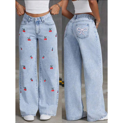 Denim Wide Leg Pants Women Jeans Embroidery High Waist Distressed Washed Mom Pockets Vintage Floor Length Trousers Streetwear