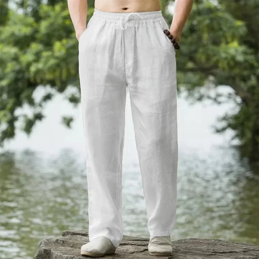 Men's Cotton Linen Pants Loose Cool Casual Long Pants Elastic Waist Long Pant Casual Large Size Streetwear Lightweight Trousers