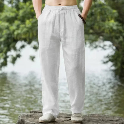 Men's Cotton Linen Pants Loose Cool Casual Long Pants Elastic Waist Long Pant Casual Large Size Streetwear Lightweight Trousers