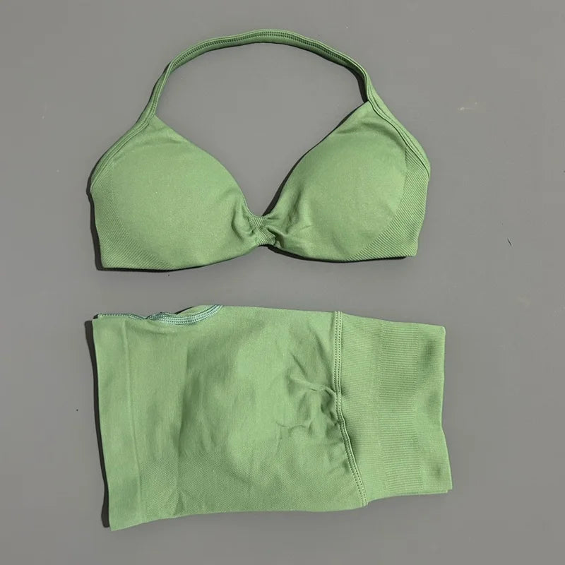 No Logo 2 Piece Impacts Gym Set Women Seamless Yoga Strappy Bra Workout Scrunch Sports Low Waist Shorts Sport Set