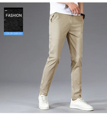Business Thin Men's Breathable Pants Slim Straight High Elastic Slim Casual Pants Male Brand Clothing Khaki Gray Green Black