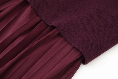 Women Elegant Half Sleeves O-Collar Pleated Dress Spring Woman Rear Zipper Splicing Vintage Casual Knitted Long Dress