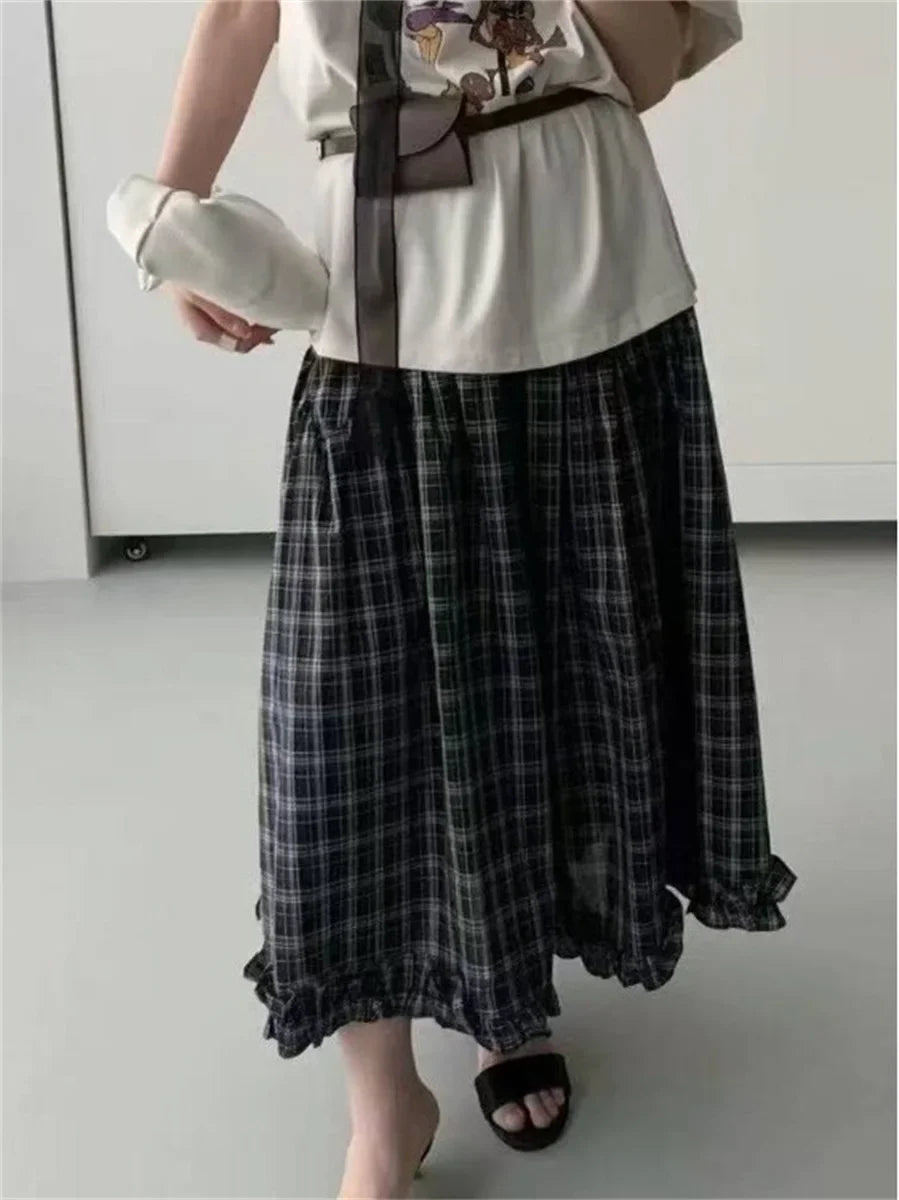 Retro Black Plaid High Waist A-Line Midi Skirt Women's Summer New Korean Fashion Maxi Skirt Lace Trim Umbrella Skirt Streetwear