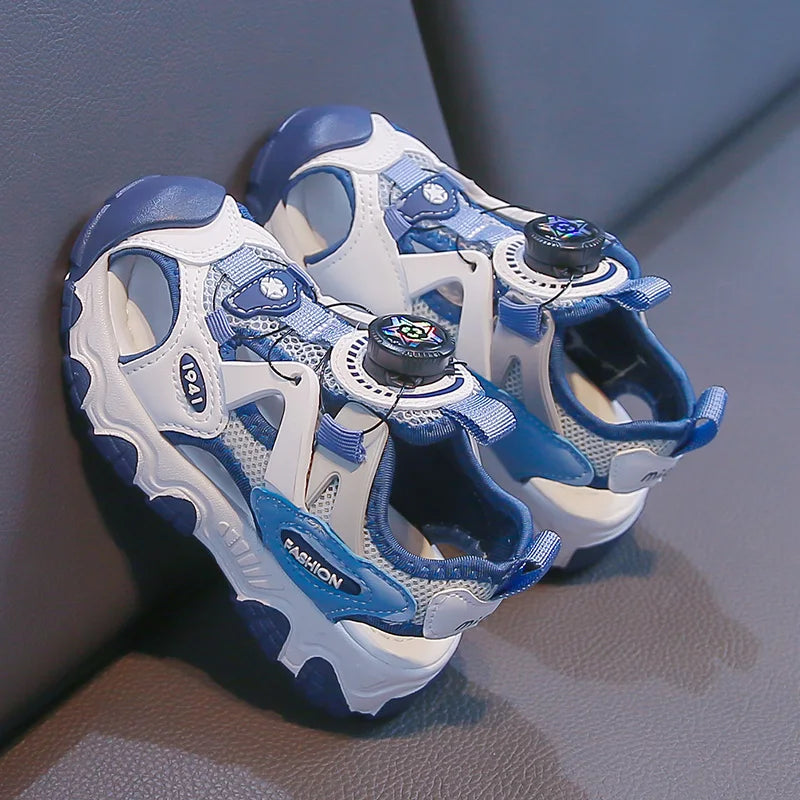 Kids Shoes Rotating Button Closed-Toe Boys Sandals Breathable Mesh Sport Shoes for Boys, Non-Slip Children Summer Sneakers