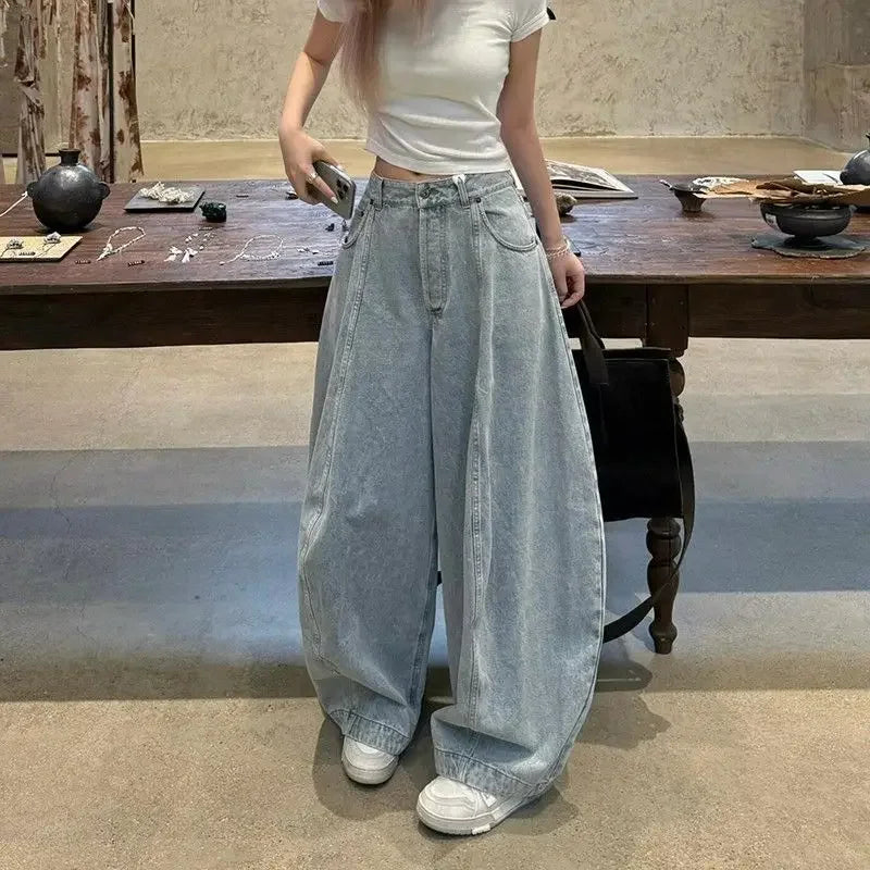American Washed Loose Wide Leg Knife Edge Jeans Women's Spring Autumn New High Waist Loose Slimming Floor Length Pants