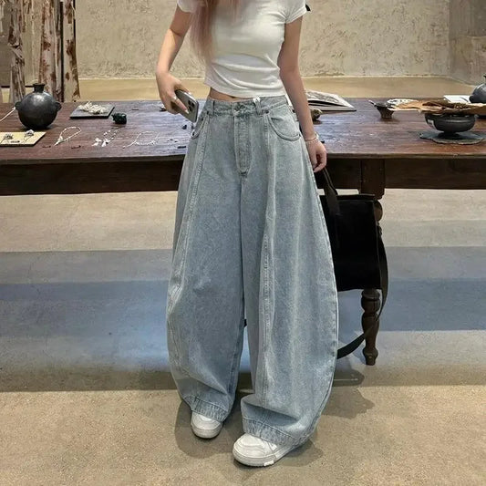 American Washed Loose Wide Leg Knife Edge Jeans Women's Spring Autumn New High Waist Loose Slimming Floor Length Pants