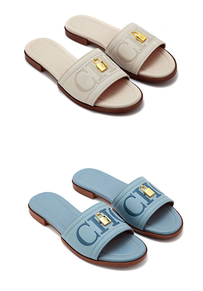 Fashion Monogram Print Elegant Design Women's Low Heeled Slippers Solid Color High Quality Metal Lock Simple Single Shoes