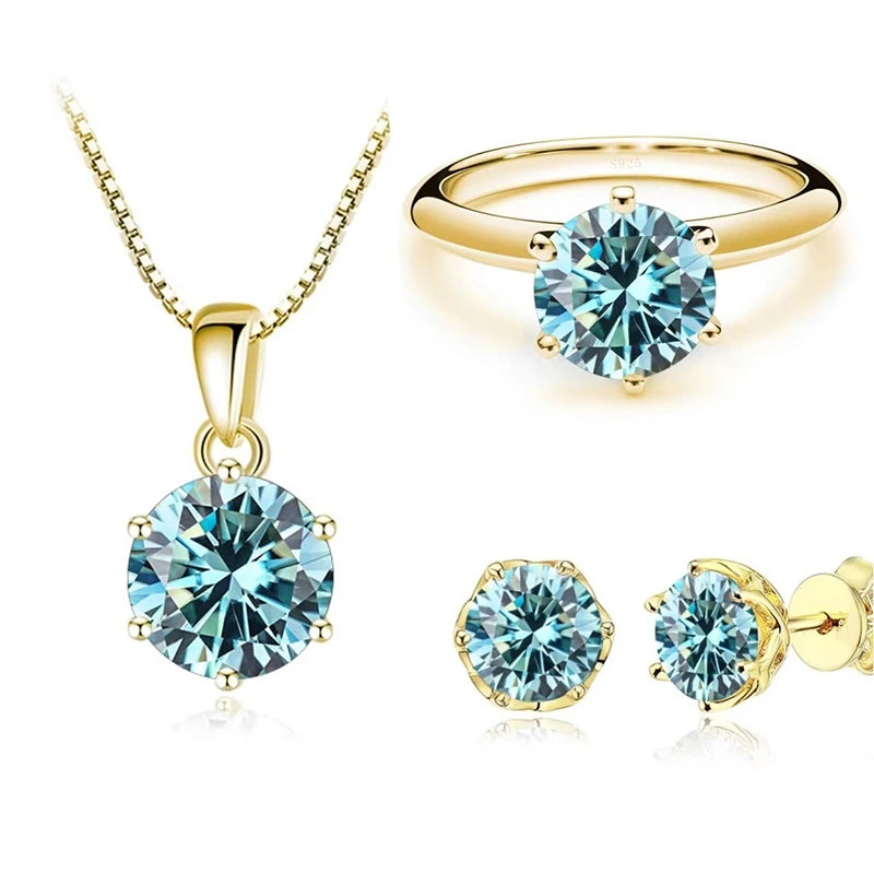 1Carat Moissanite Jewelry Set For Women Sterling S925 Silver Gold Plated Necklace Earrings Ring GRA Certified Wedding