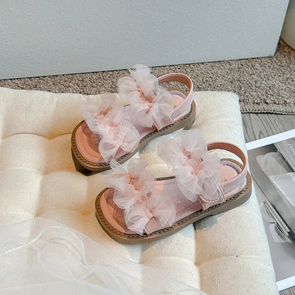 Sweet Princess Shoes Girl Tulle Lace Butterfly-knot Chic Summer Wedding Party Shoes Sandals for Child Girls Holiday Shoes I11155