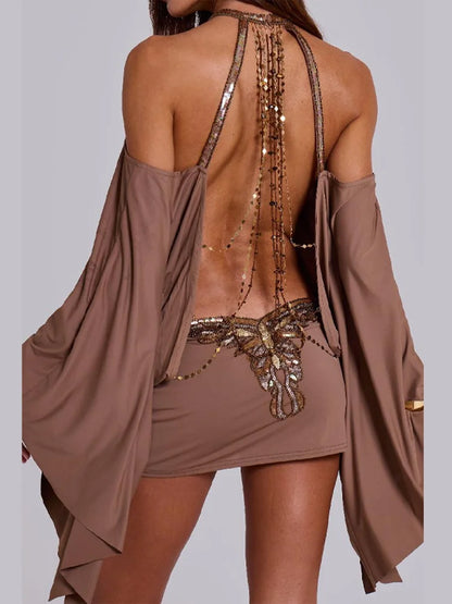 Sexy Gold Chain Decoration Back Hollow Dress Elegant Lantern Sleeve O-neck Mini Robe New Trendy Music Festival Party Outfits