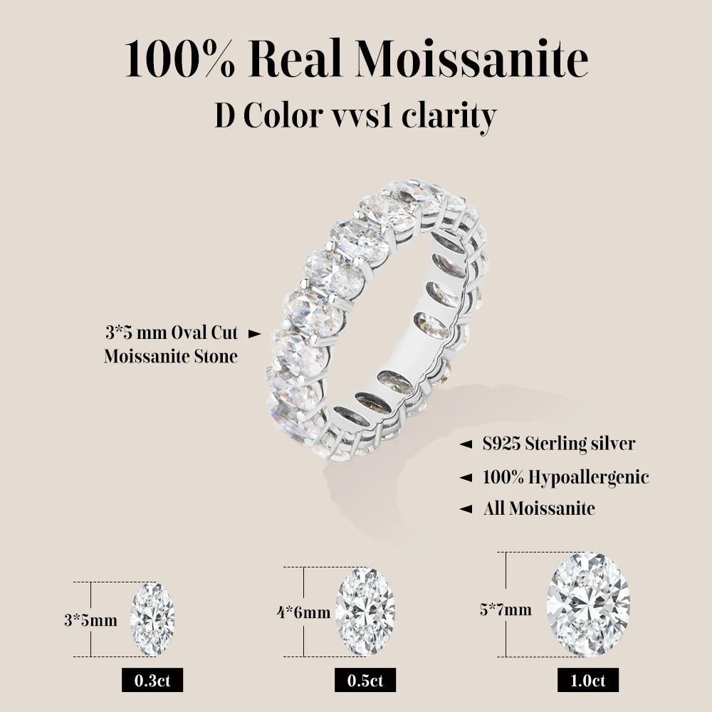 3*5mm Oval Cut Full Moissanite Eternity Rings for Women Men S925 Sterling Silver Jewelry Elegant Stackable Wedding Ring