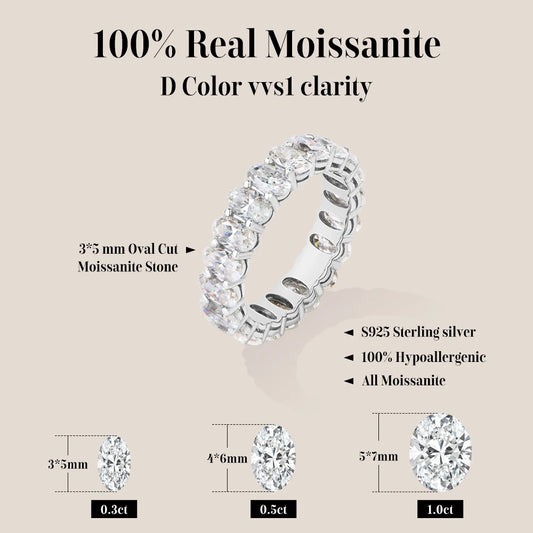 3*5mm Oval Cut Full Moissanite Eternity Rings for Women Men S925 Sterling Silver Jewelry Elegant Stackable Wedding Ring