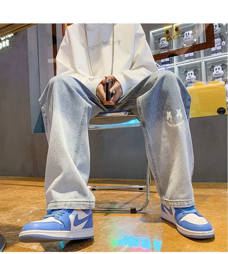 Harajuku Smile Print Baggy Pants Men Streetwear Wide Leg Oversize Jeans Vintage Y2k Straight Long Trousers Male 2024 Fashion