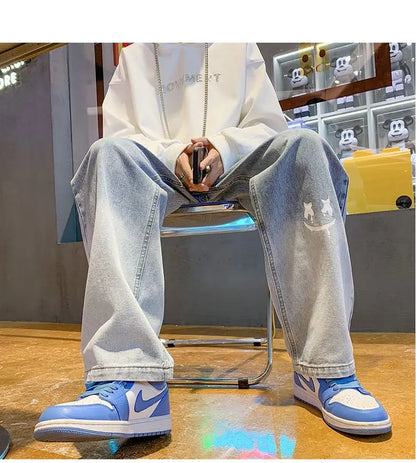 Harajuku Smile Print Baggy Pants Men Streetwear Wide Leg Oversize Jeans Vintage Y2k Straight Long Trousers Male 2024 Fashion
