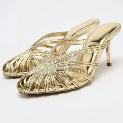 Gold Luxury Thin Heel Slippers Women Dress Shoes Summer New 2025 Hollow Beach Shoes Slides Designer Brand Sandals Ladies Pumps