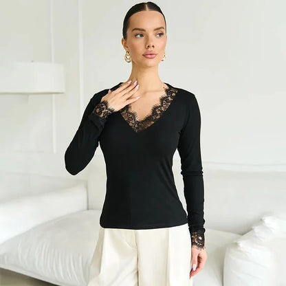 V neck Lace T shirt Top Women Sexy Navel Exposed Pullover Fashion Splice Hot Girl Club Party Top Autumn New Lady T shirt
