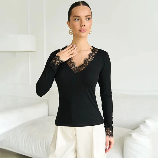 V neck Lace T shirt Top Women Sexy Navel Exposed Pullover Fashion Splice Hot Girl Club Party Top Autumn New Lady T shirt