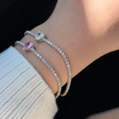 2mm Round Moissanite Tennis Bracelets with 5mm Pink White Heart Cut Diamond Bracelet for Women Men 925 Sterling Silver Bangle