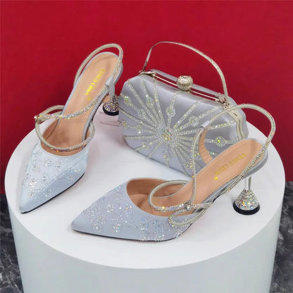 2025 Summer New Design Specials Italian Women Shoes and Bag Set Wine Color Comfortable High Heels With Rhinestone