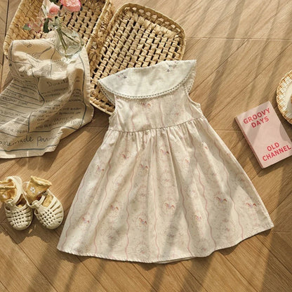 New Summer Girls' Clothing for 2-7 Years Old Korean Version Fashionable Daily Pony Embroidery Lapel Sleeveless Printed Dress