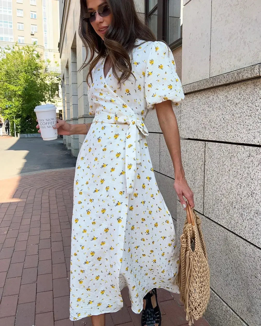 Summer Women Psrinted Dress Lace Up Short Sleeve Fashion Office Lady Long Dress 100% Cotton Daily Casual V-neck Skirt