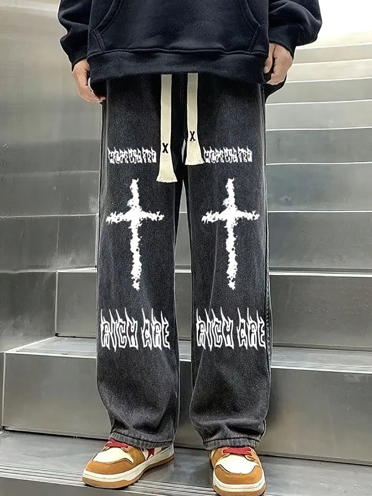 Calça Jeans Preta Estampada Masculina Folgada Reta Oversize Gráfica Casual Perna Larga Denim Calças Compridas Coreanas Calças de Moletom Com Cordão