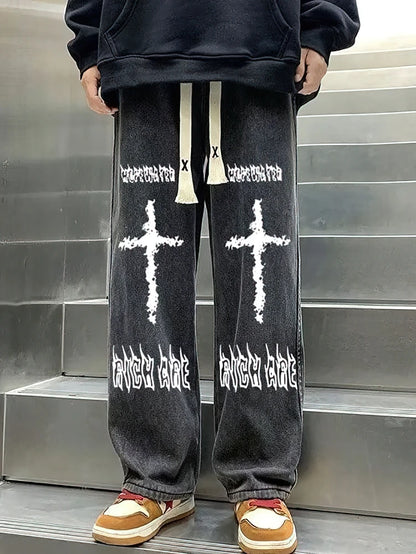 Calça Jeans Preta Estampada Masculina Folgada Reta Oversize Gráfica Casual Perna Larga Denim Calças Compridas Coreanas Calças de Moletom Com Cordão