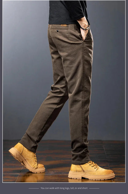Men's Twill Slim Pants Business Straight Cotton Casual Trousers Brand Fashion Korean Elastic Coffee Black Gray Pant